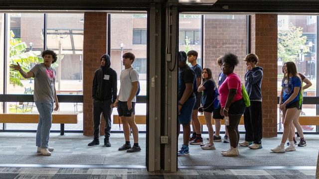 a group of students touring the jccc campus near the colab